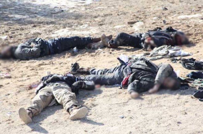 عرض التلفزيون السوري لقطات لعشرات الجثث مسجاة على الأرض في منطقة جبلية